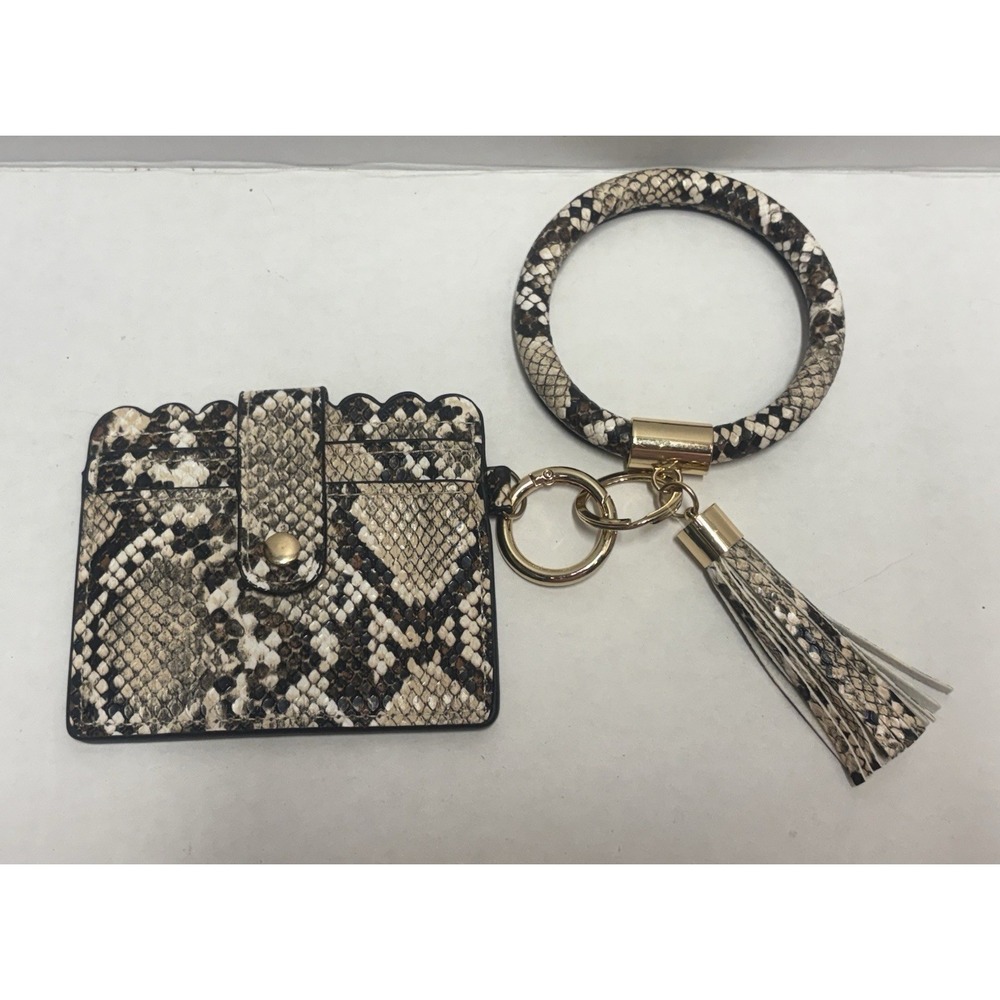 Snakeskin Faux Keychain card wallet  wristlet gold tone hardware‎ and tassel